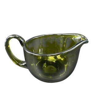 Hand Blown Dark Green Art Glass Pitcher Jug With Handle Hand Made Glassware VTG